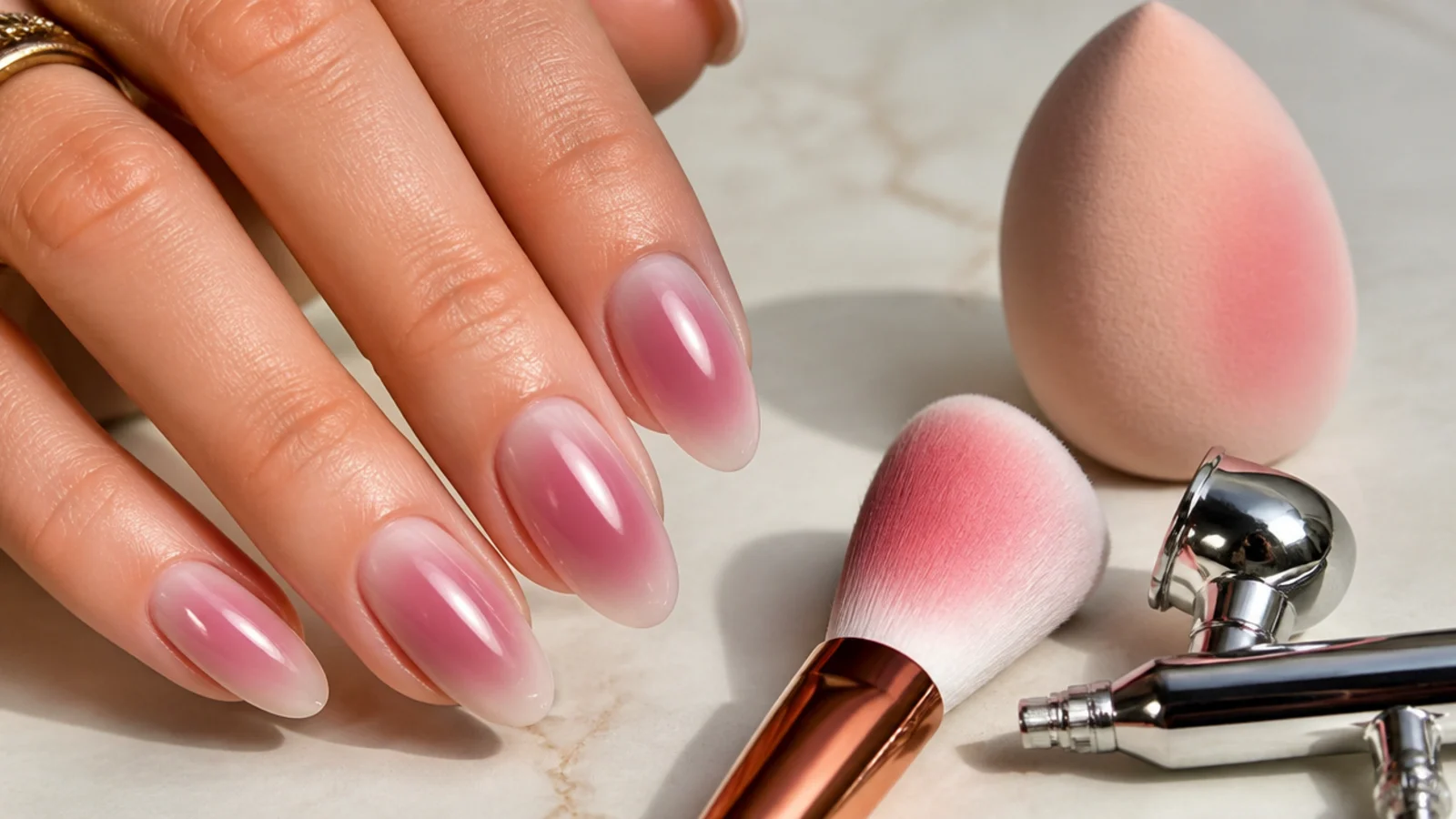 A makeup sponge, a puff pigment brush and a mini airbrush arranged beside three blended aura nails