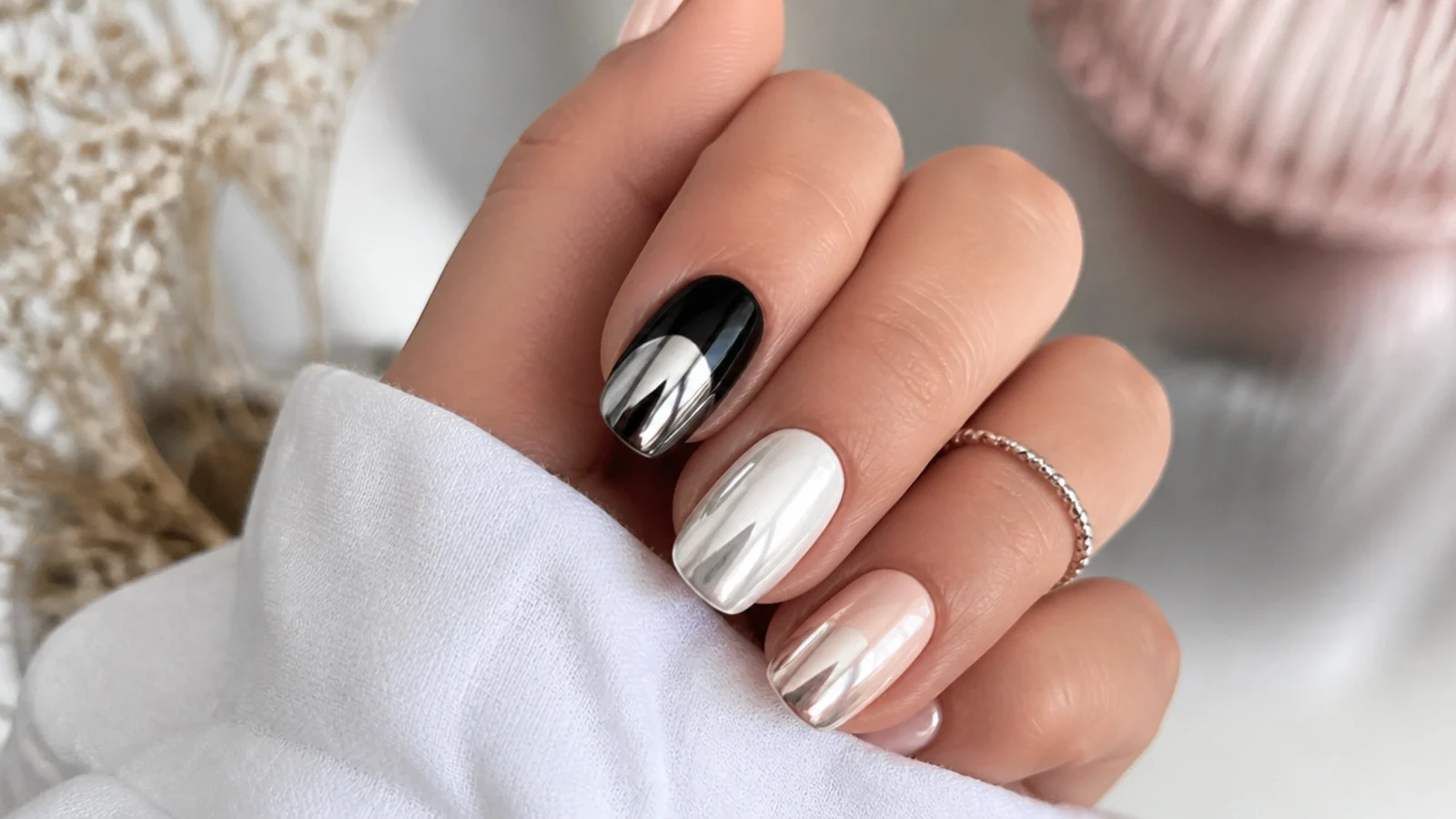 Three nails showing the same silver chrome powder over black, milky white and nude gel bases