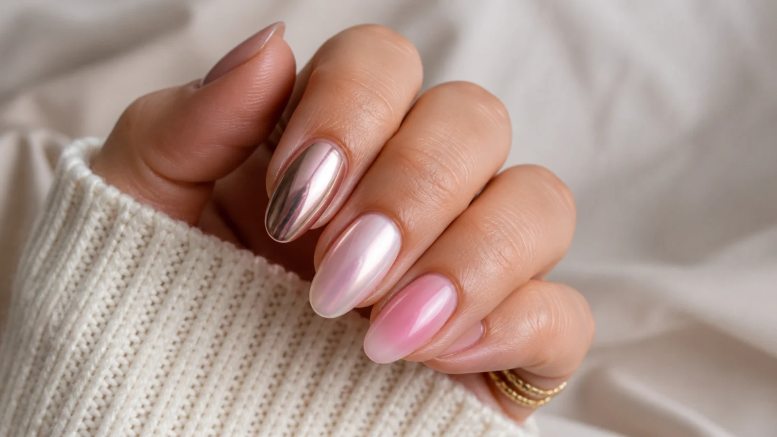 Three finishes compared: mirror chrome, glazed pearl chrome and a diffused aura halo on almond nails