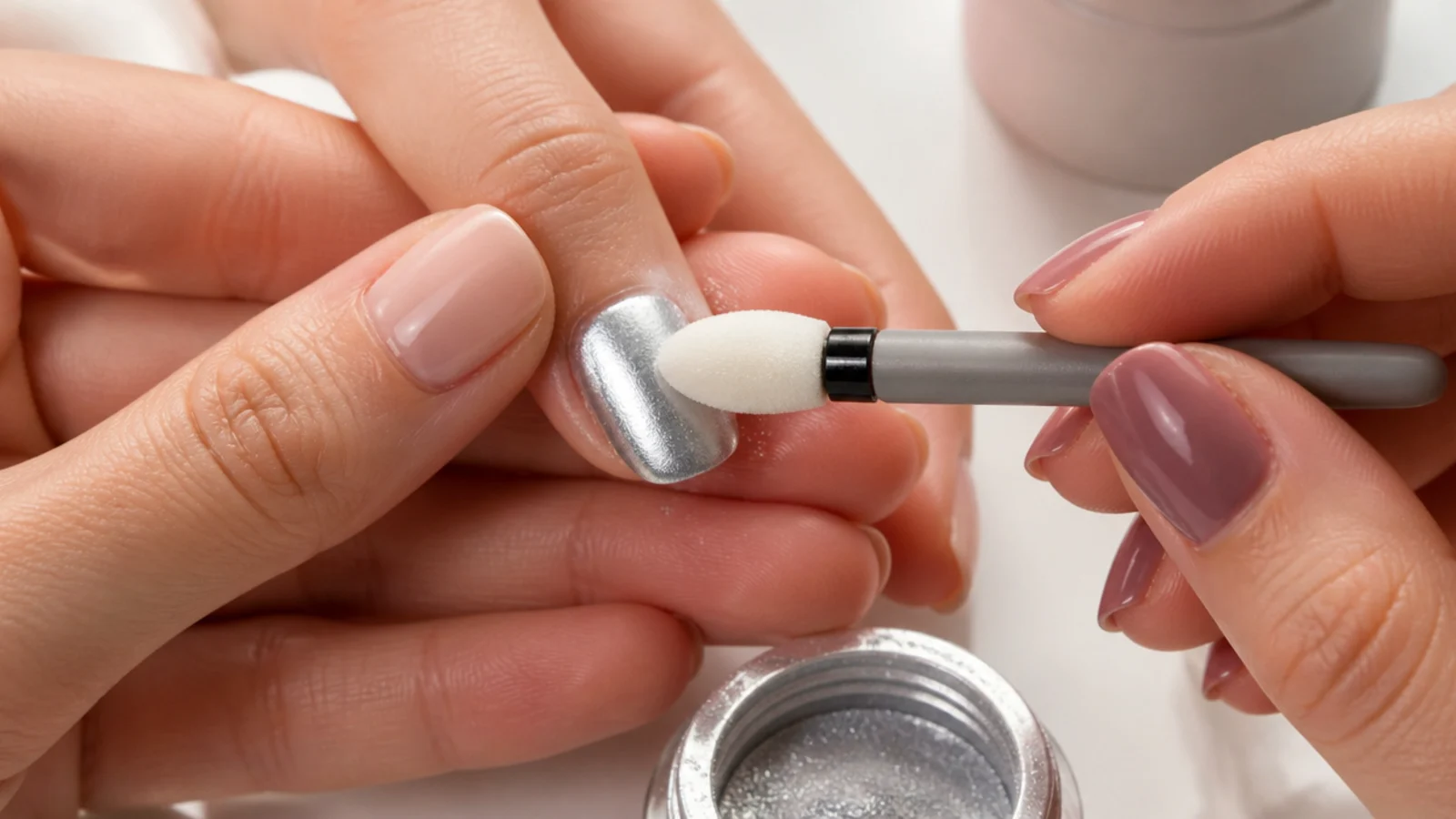 A cured no-wipe gel top coat nail being rubbed with silver chrome powder on a silicone applicator