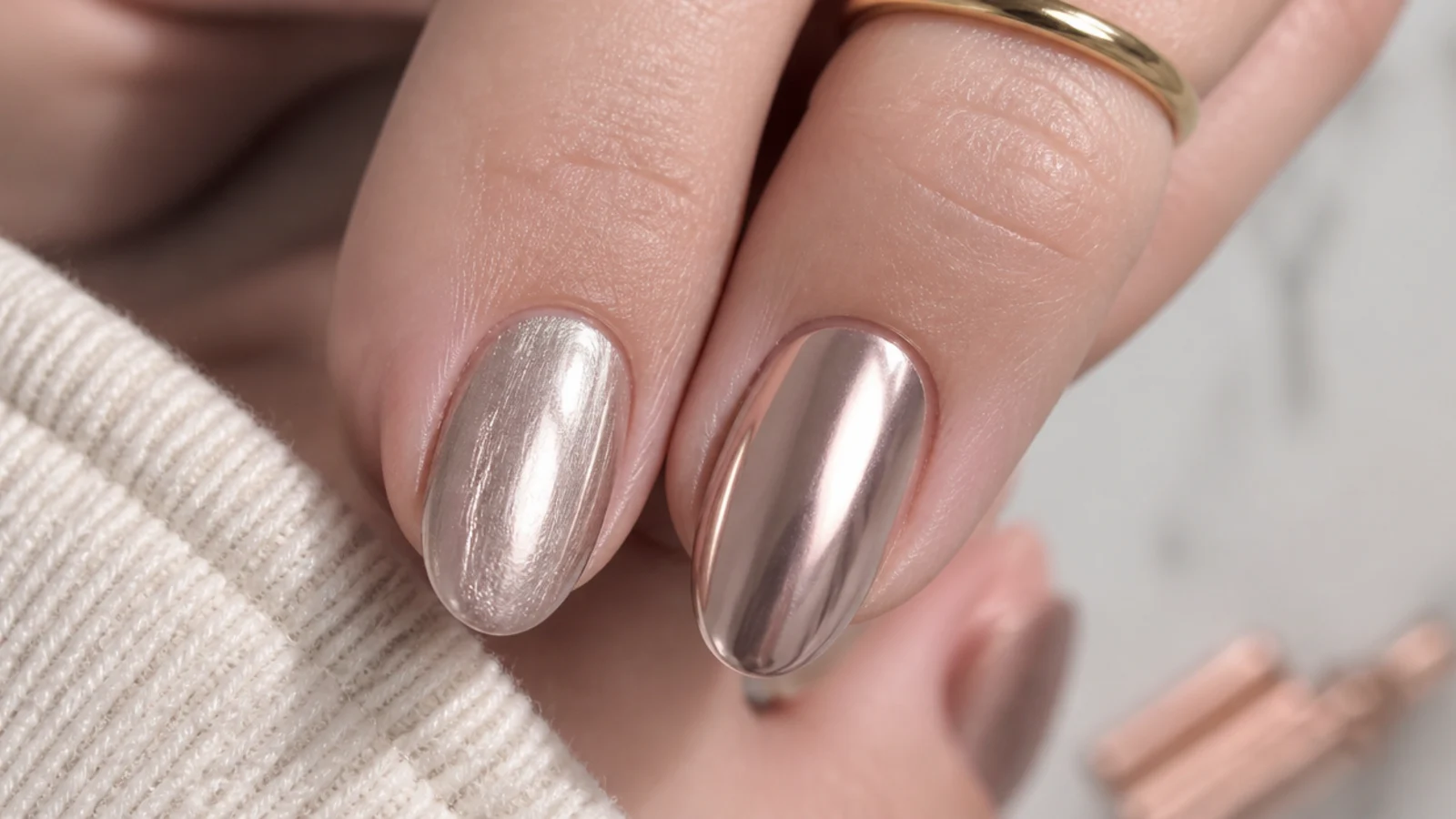 A dull streaky chrome nail beside a clean mirror chrome nail showing the difference in burnish