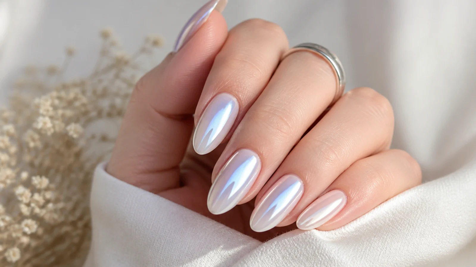 Almond nails with a baby blue aura halo under a silver chrome glaze on a milky white base