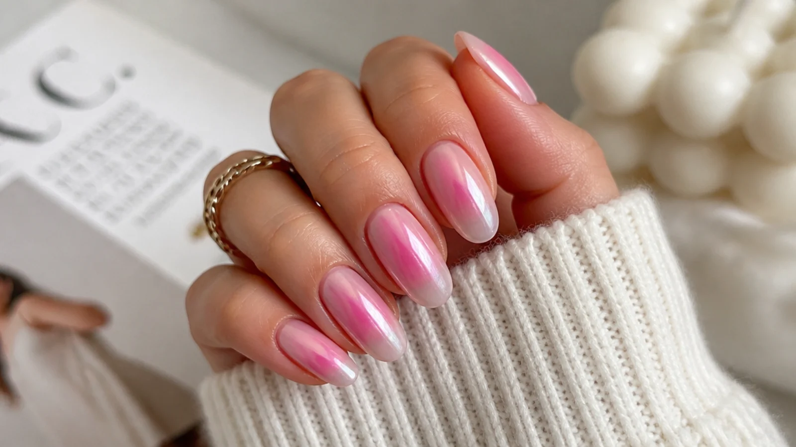 Medium almond nails with a bubblegum pink aura halo under a pearl chrome glaze