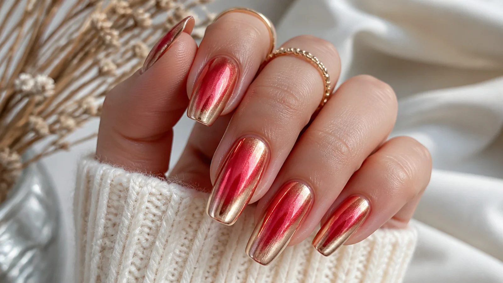 Square almond nails with a cherry red aura halo under a warm gold-toned chrome layer