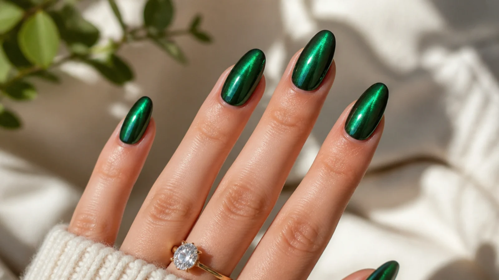 Almond nails with an emerald green aura halo under a mirror chrome finish resembling a jewel