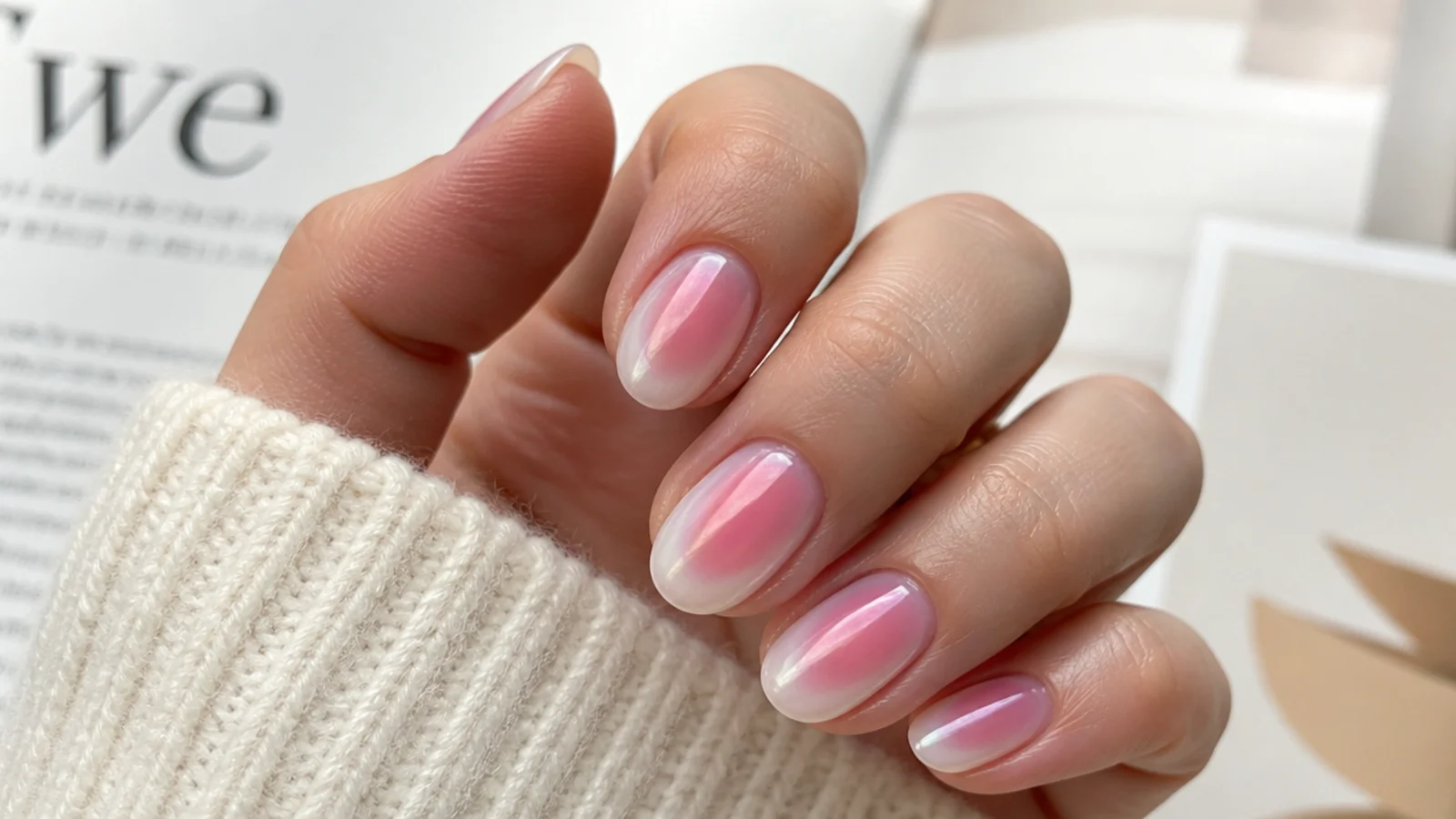 Short almond nails with a soft pink aura halo under a pearlescent glazed donut chrome finish