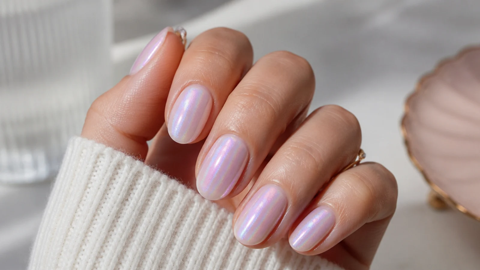 Oval nails with a lilac aura halo under an iridescent pearl chrome finish with a soft rainbow shift