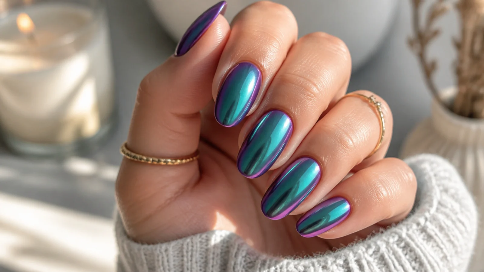 Almond nails with a teal aura halo under chameleon chrome shifting between green and purple