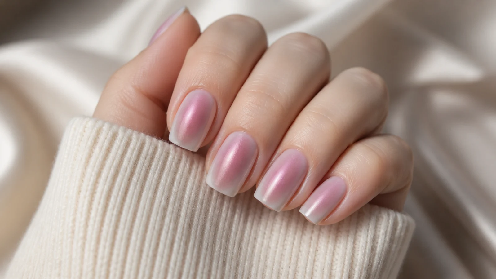 Square nails with a dusty rose aura halo under a matte topped chrome layer with a satin sheen