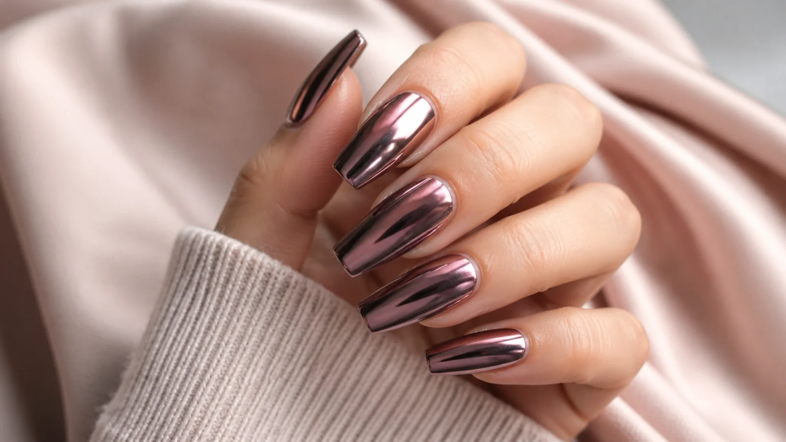 Long coffin nails with a full liquid metal mirror chrome finish over a dark aura base