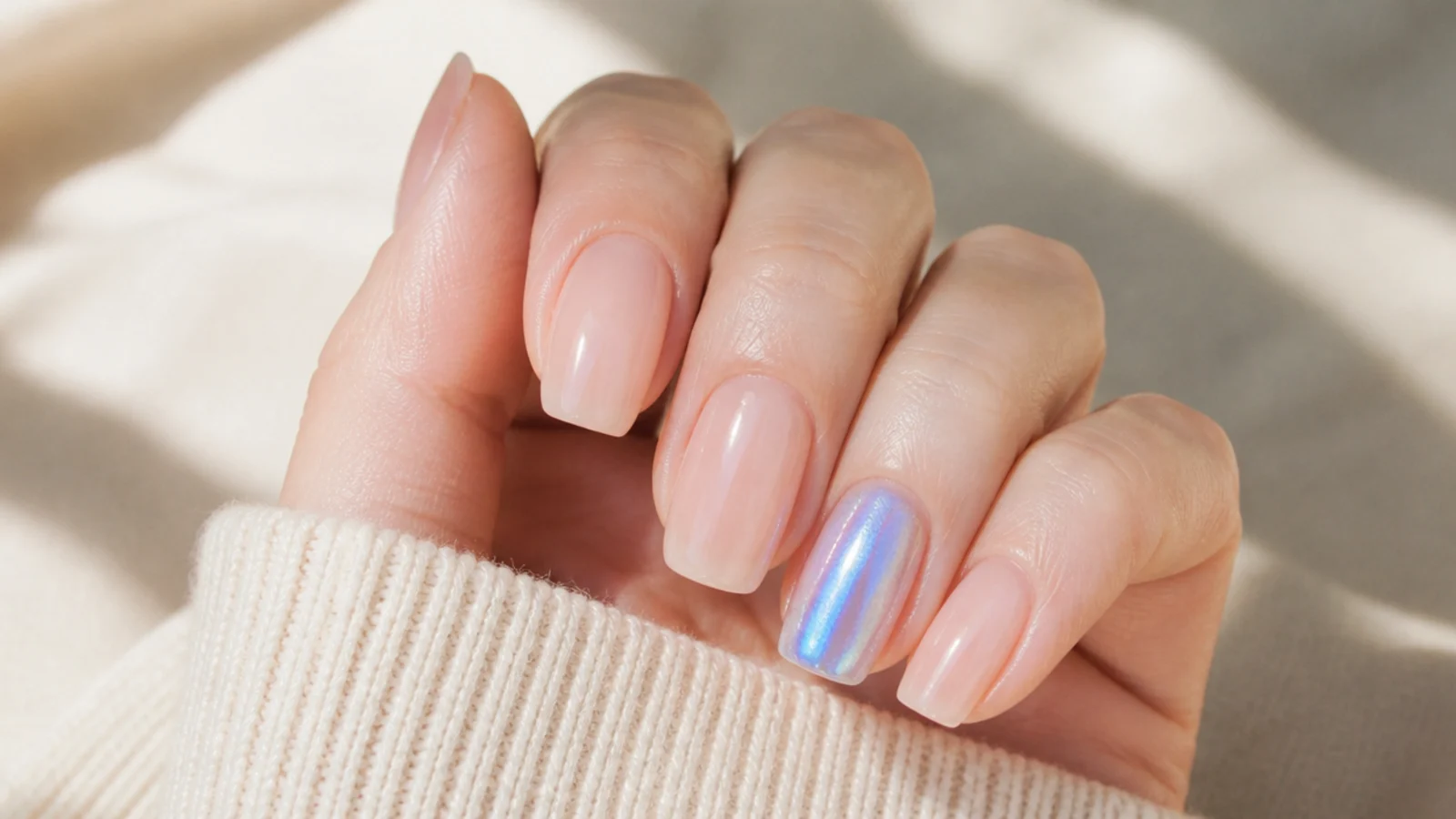 A hand with four sheer nude nails and one ring finger chrome aura accent in blue