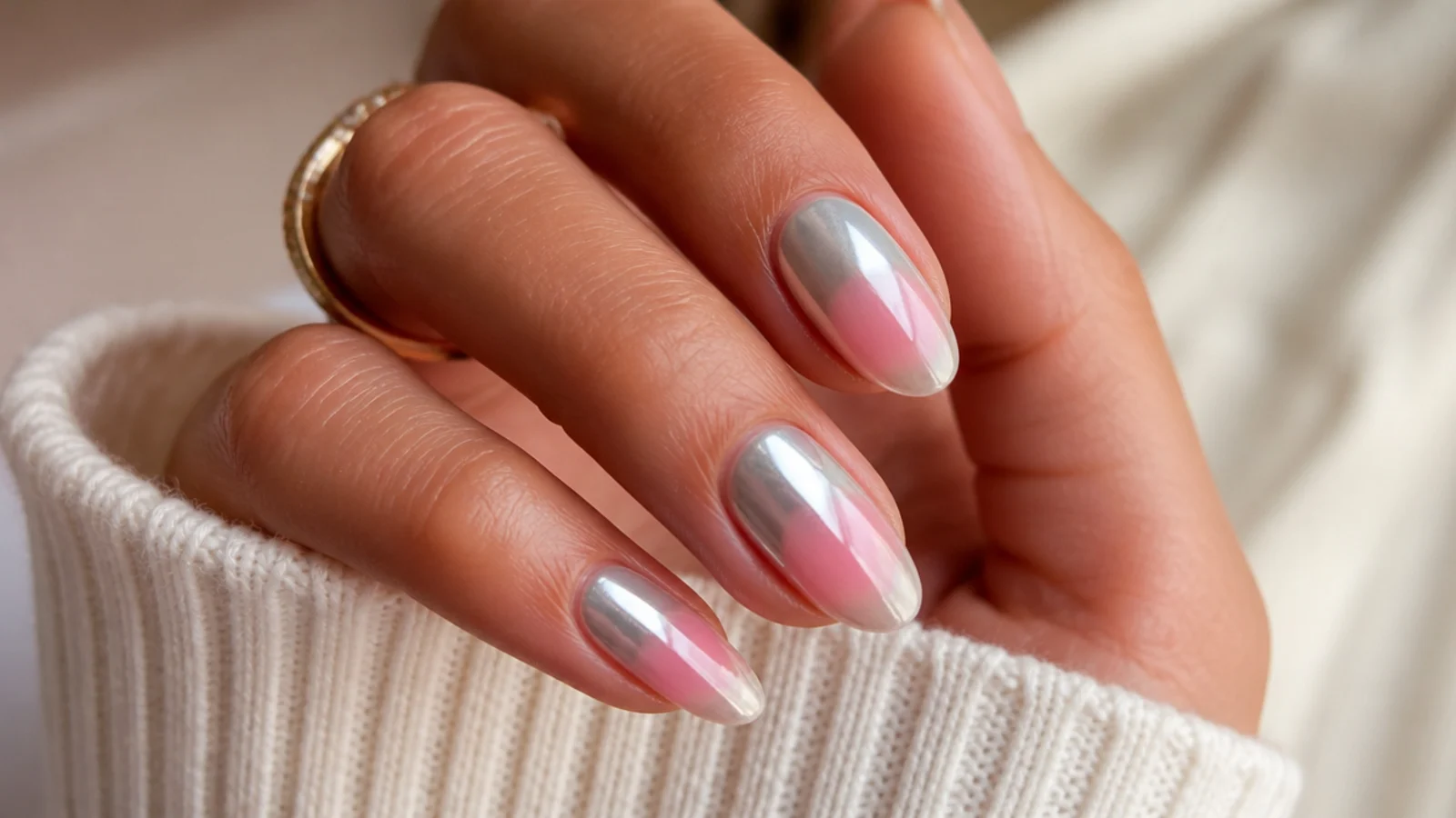 Almond nails with the top half chromed and the bottom half showing a bare pink aura halo