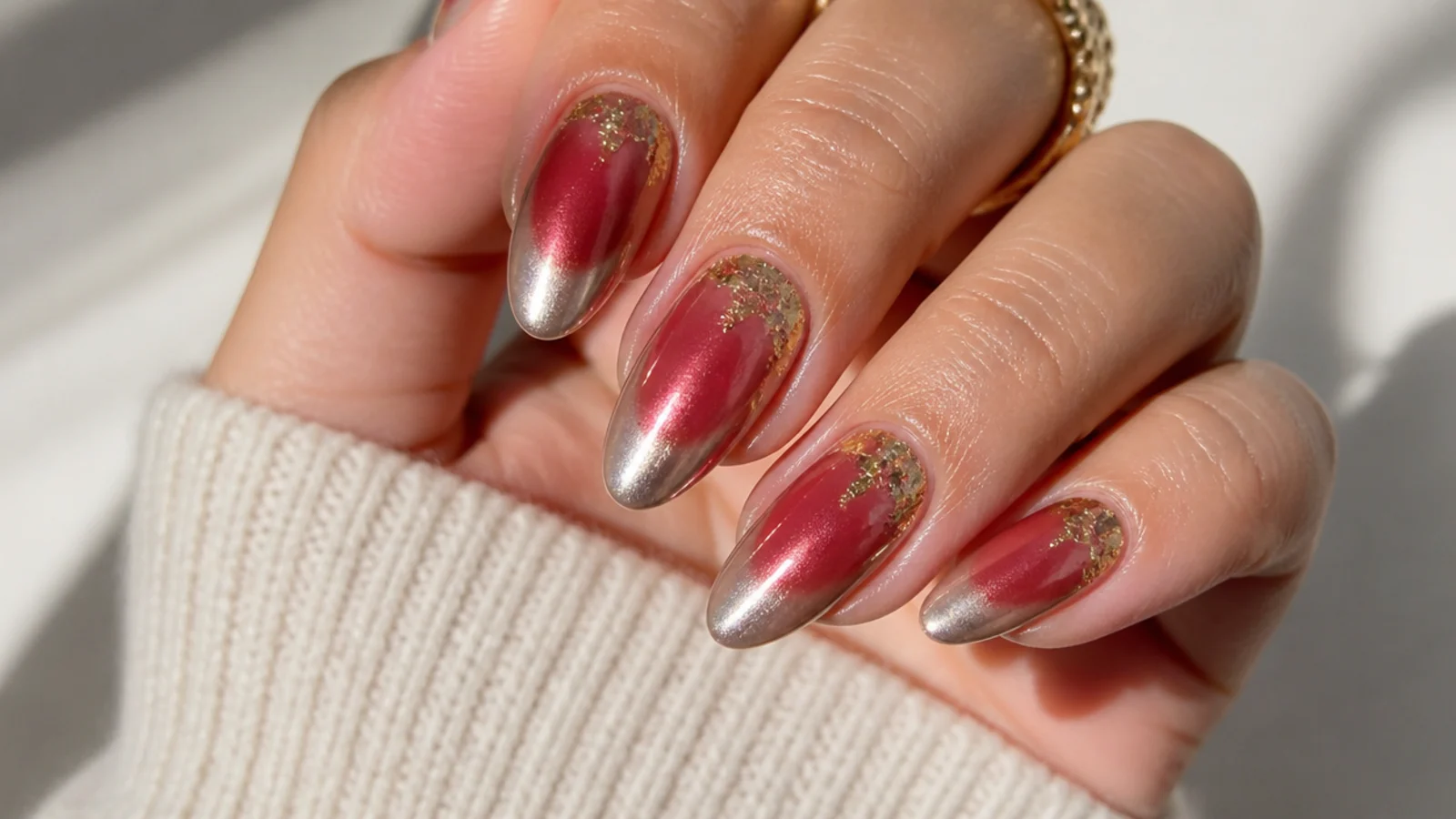 Almond nails with a red aura halo under chrome and torn gold leaf flakes at the cuticle