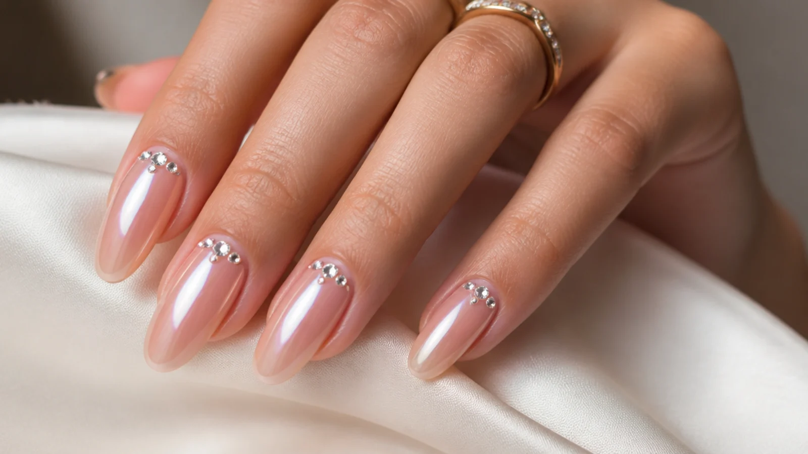 Long almond chrome aura nails with a scattered cluster of small clear rhinestones near the cuticle