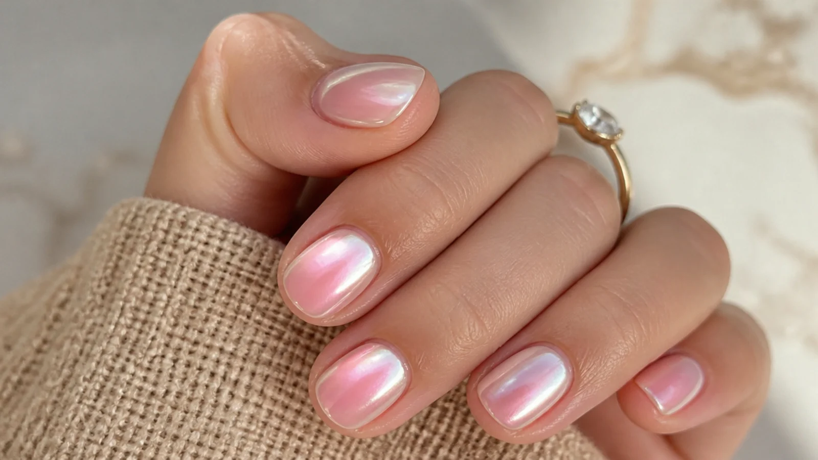 Short natural length nails with a pink aura halo under a light pearl chrome glaze