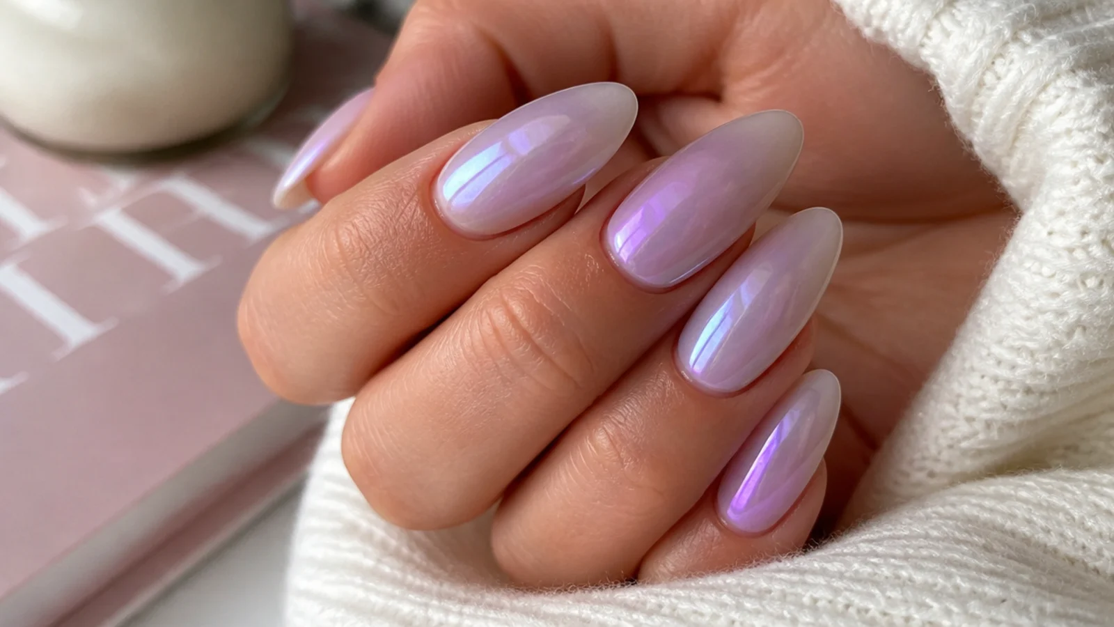 Medium almond nails with a violet aura halo under a pearly chrome glaze tapering to the tip