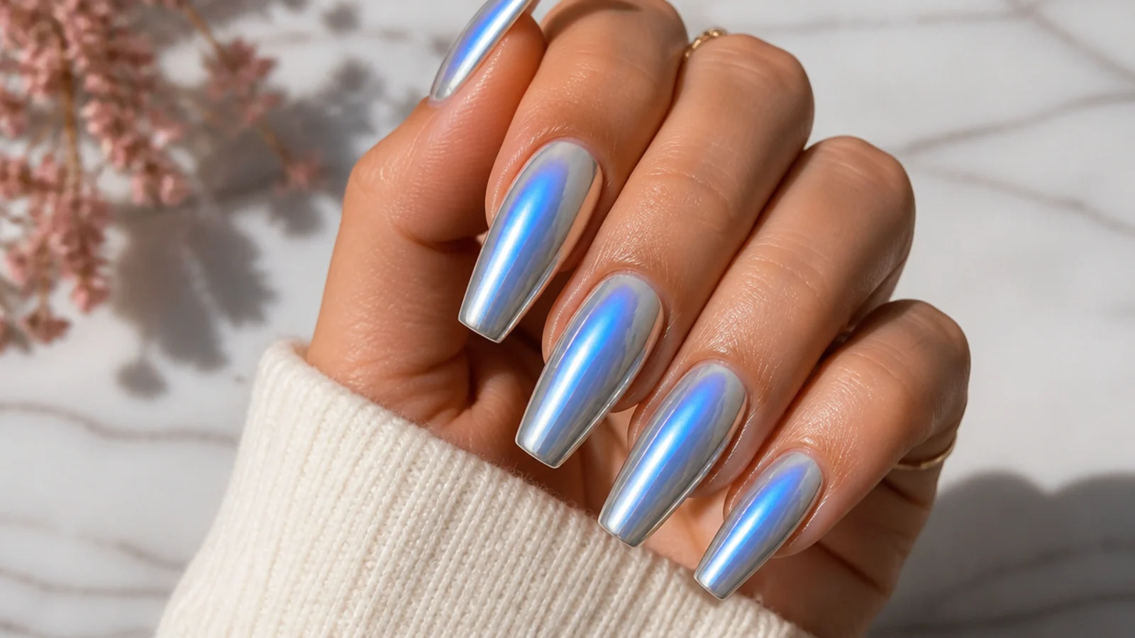 Long coffin nails with a blue aura halo under a full mirror chrome finish and a flat tapered tip