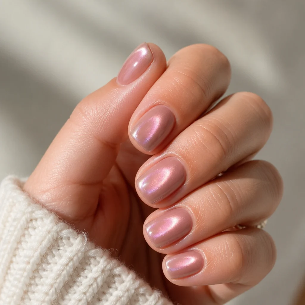 Short square nails with a dusty rose aura halo under a satin chrome finish and straight sidewalls
