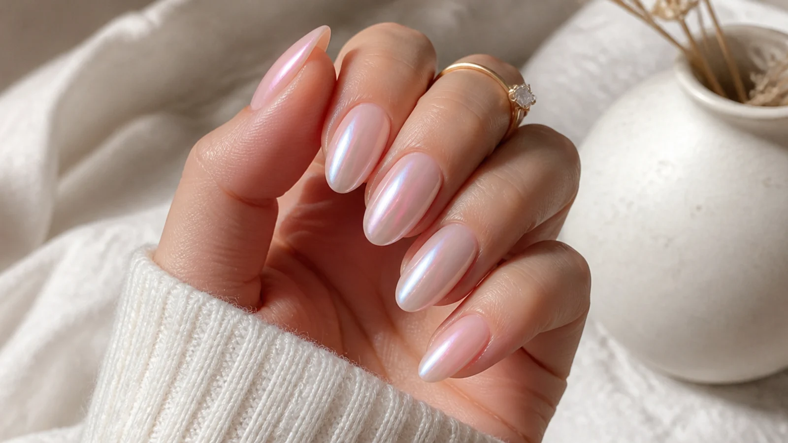 Medium almond bridal nails with a barely there blush aura halo under a soft pearl chrome glaze