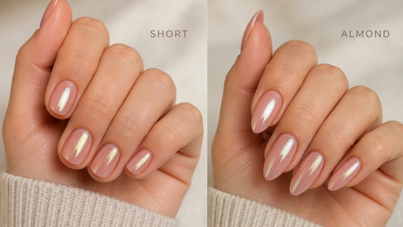 Short natural nails and long almond nails compared, both with chrome aura halos scaled to nail size