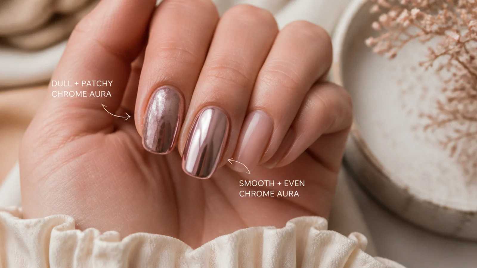 Two chrome aura nails compared, one dull and patchy and one with an even mirror reflection