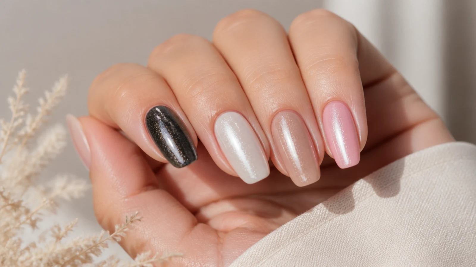 Four nails showing the same silver chrome powder over black, milky white, nude and sheer pink bases