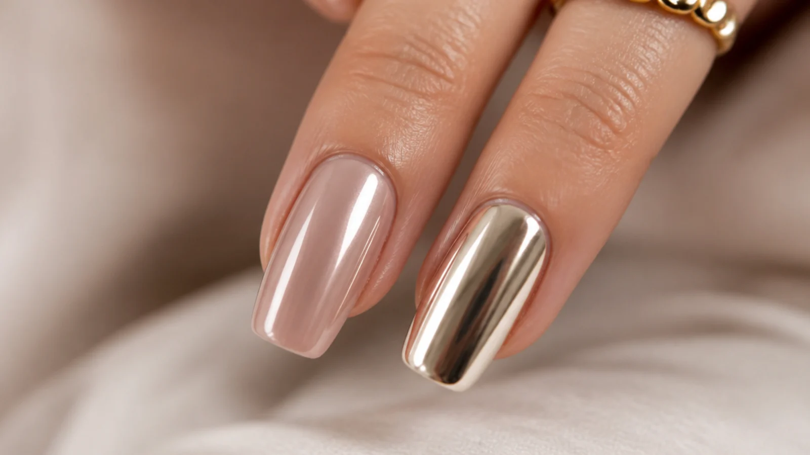 Two nails side by side, one with a light chrome glaze and one with a dense liquid metal mirror