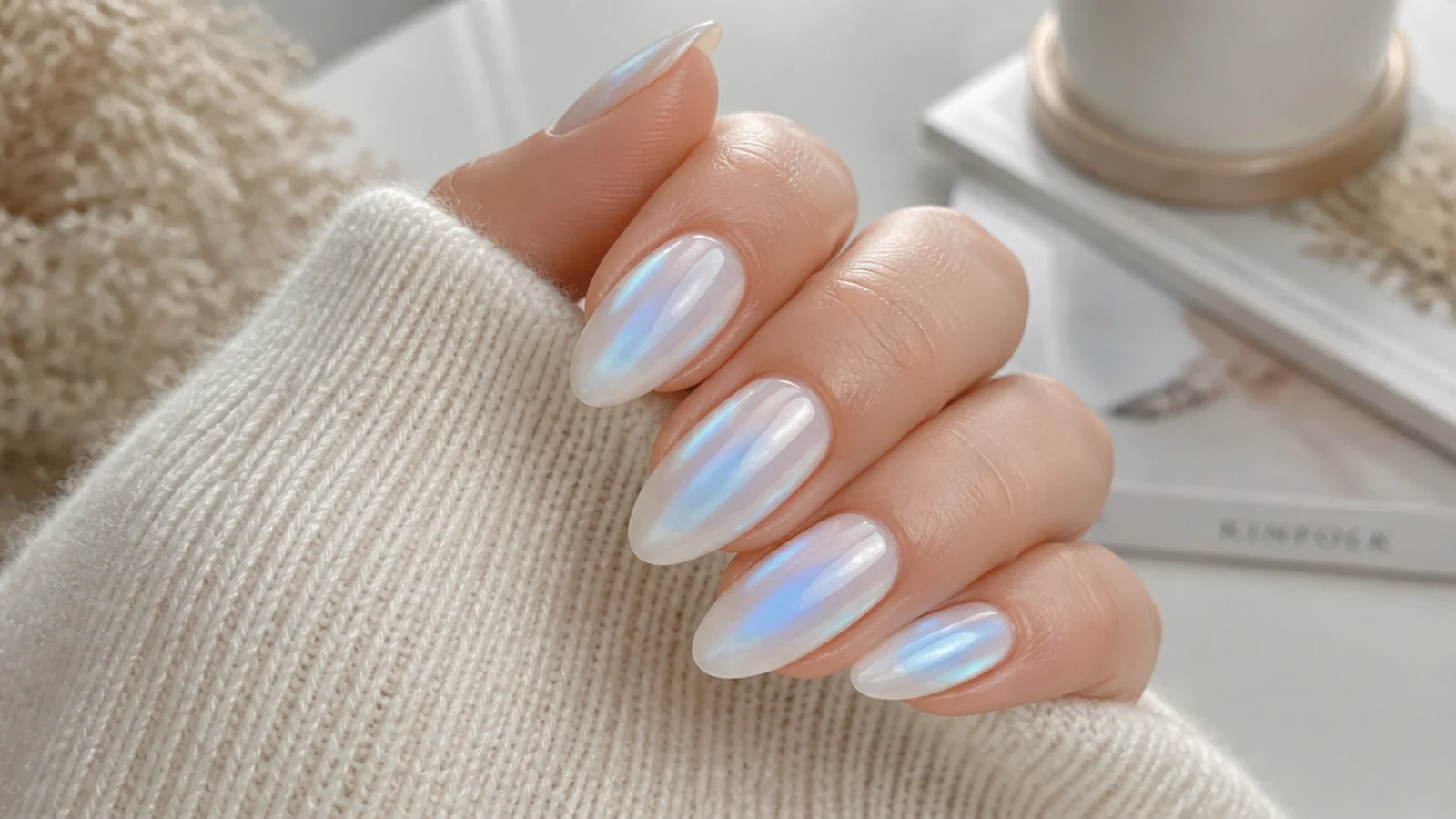Almond chrome aura nails with a blue halo under a pearly chrome glaze on a milky white base