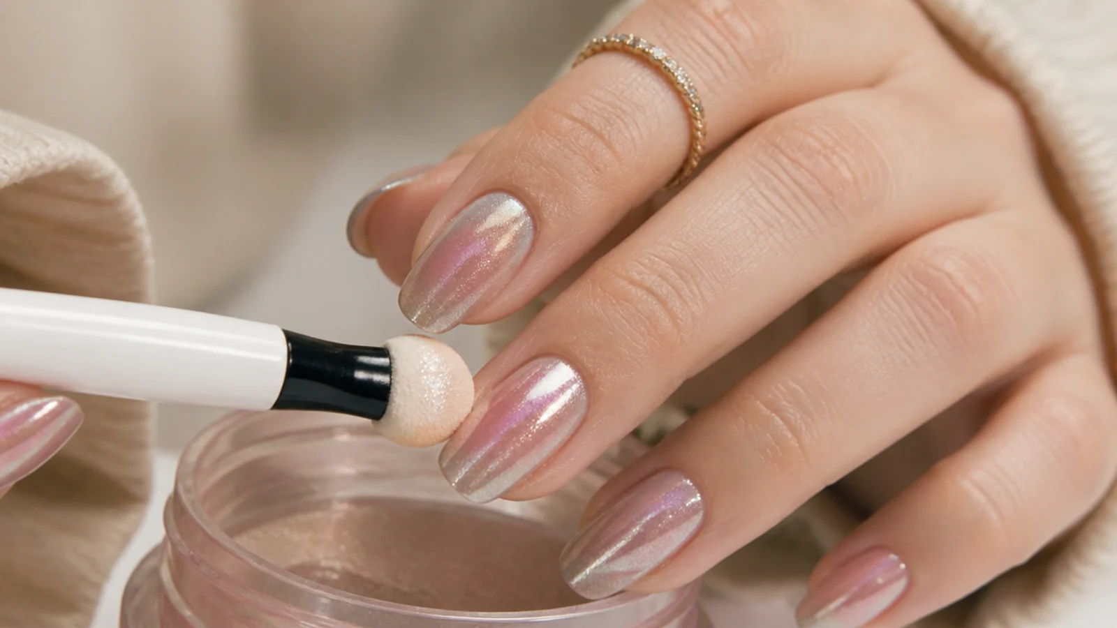 A silicone applicator buffing chrome powder onto a cured tacky gel top coat over an aura nail