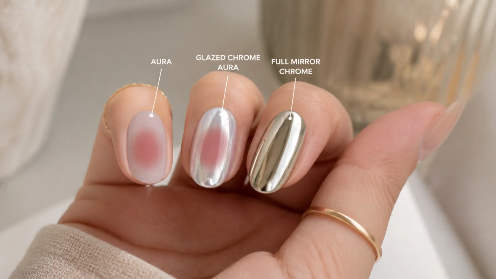 Three nails compared showing a plain aura, a glazed chrome aura and a full mirror chrome aura