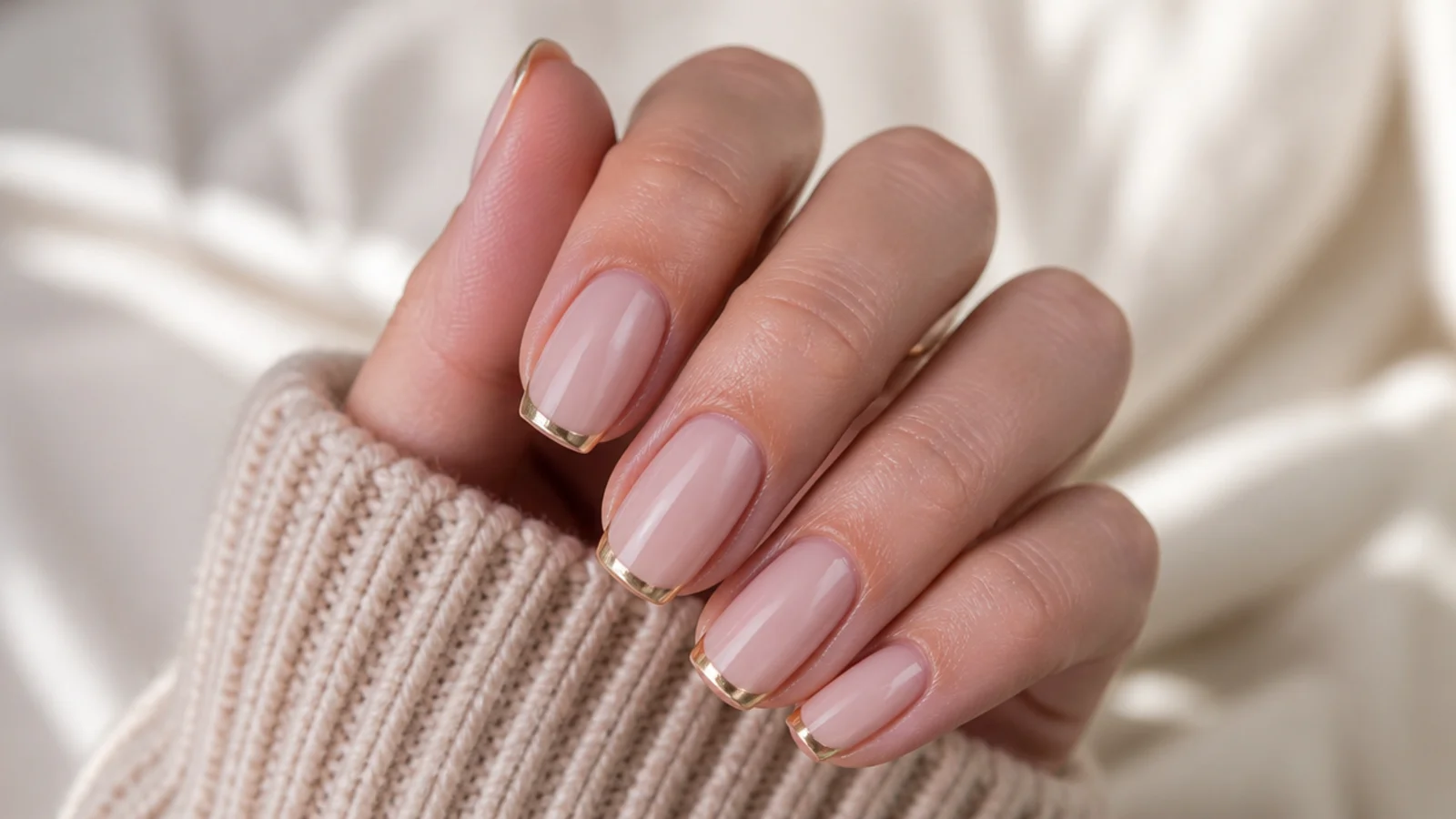 Sheer nude nails with crisp gold chrome French tips on a squared almond shape