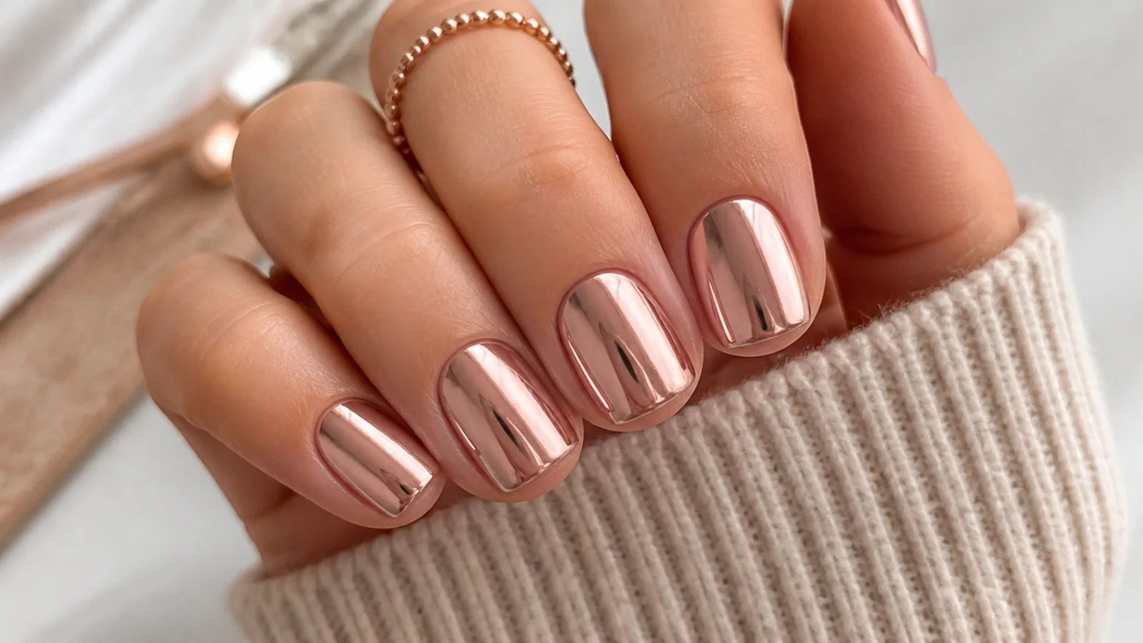 Short square rose gold chrome nails with a pink toned metallic mirror shine