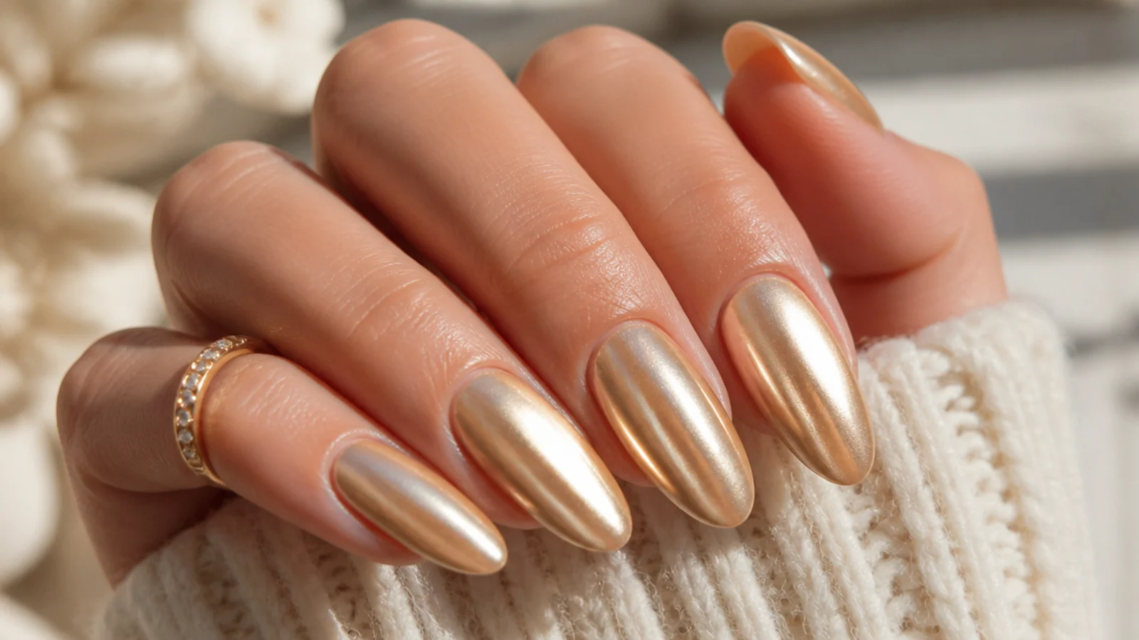 Long almond champagne gold chrome nails with a soft pale metallic glaze finish