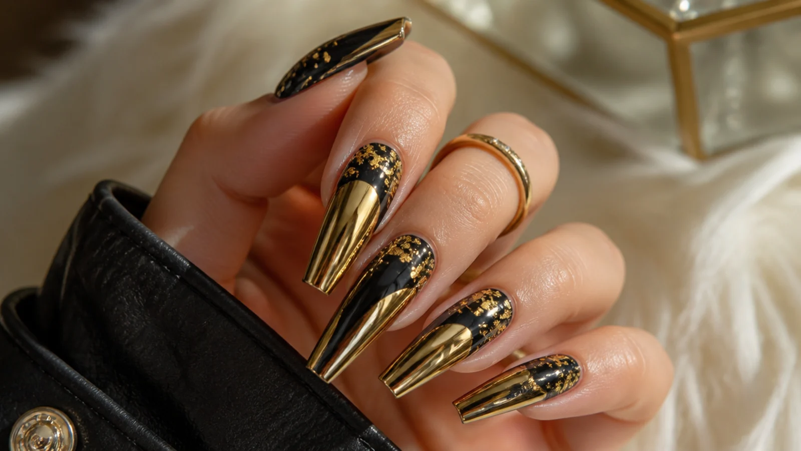 Long coffin gold chrome nails over black gel with scattered fine gold flake accents
