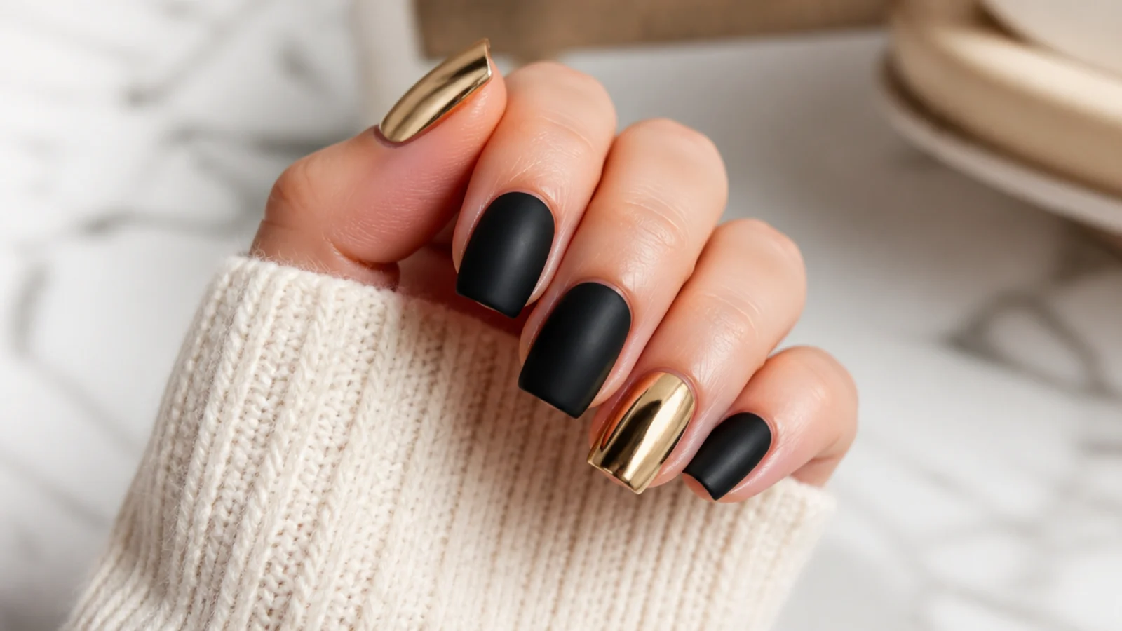 Square nails alternating matte black gel and warm gold chrome mirror finishes
