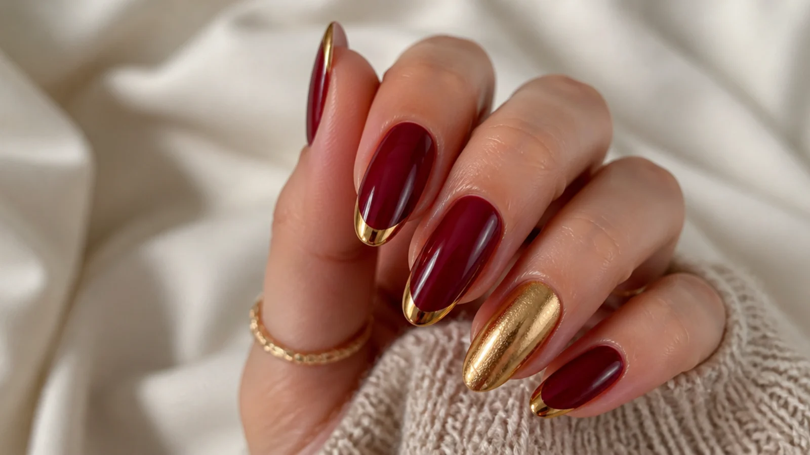 Almond nails in deep cherry red gel with gold chrome French tips and a gold accent nail