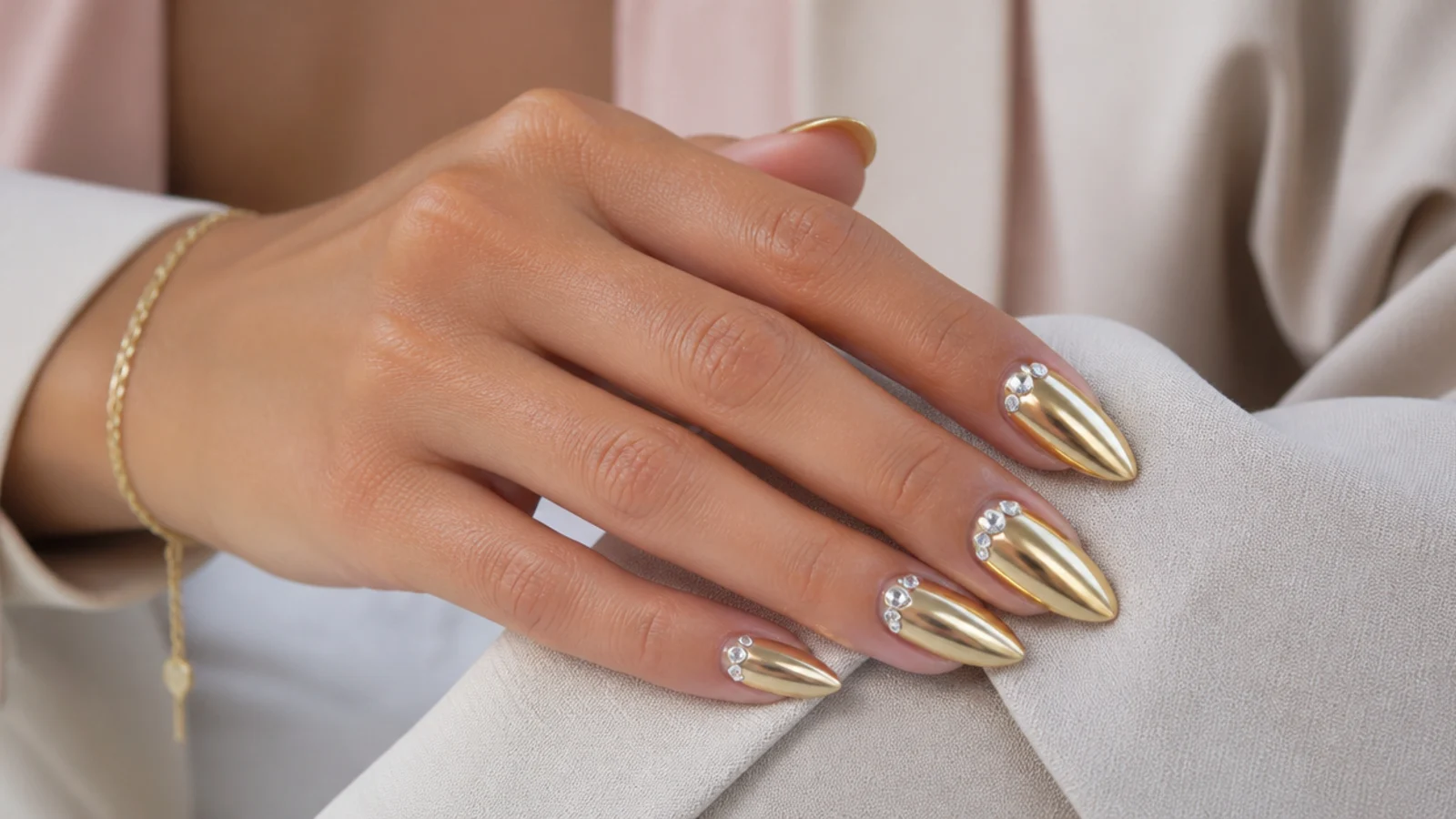 Gold chrome almond nails with a cluster of clear flat-back crystals along the cuticle line