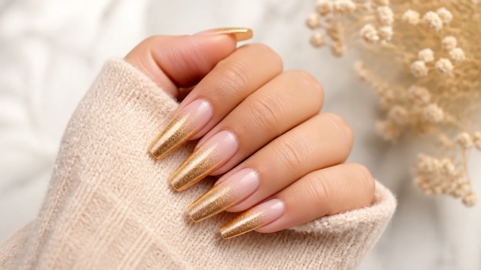 Medium coffin nails fading from bare nude at the cuticle into dense gold chrome at the tip