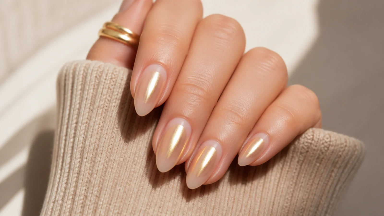 Almond nails with a warm gold chrome glow radiating from the center of a sheer nude nail