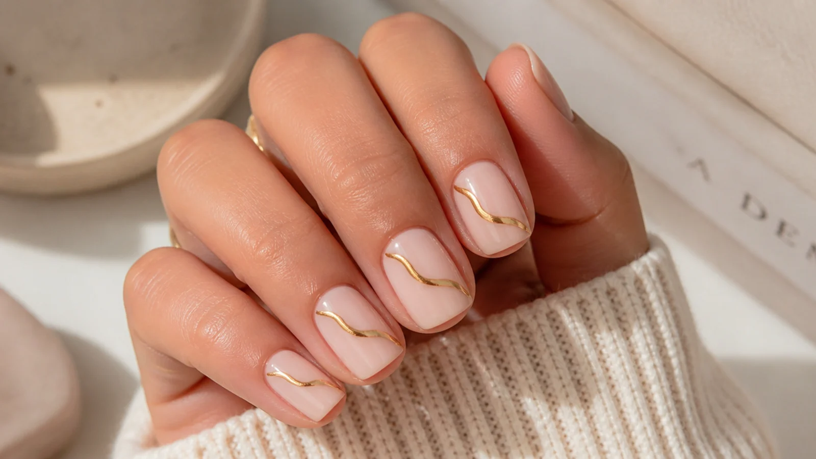 Short square nude nails with a single curved gold chrome swirl painted across each nail