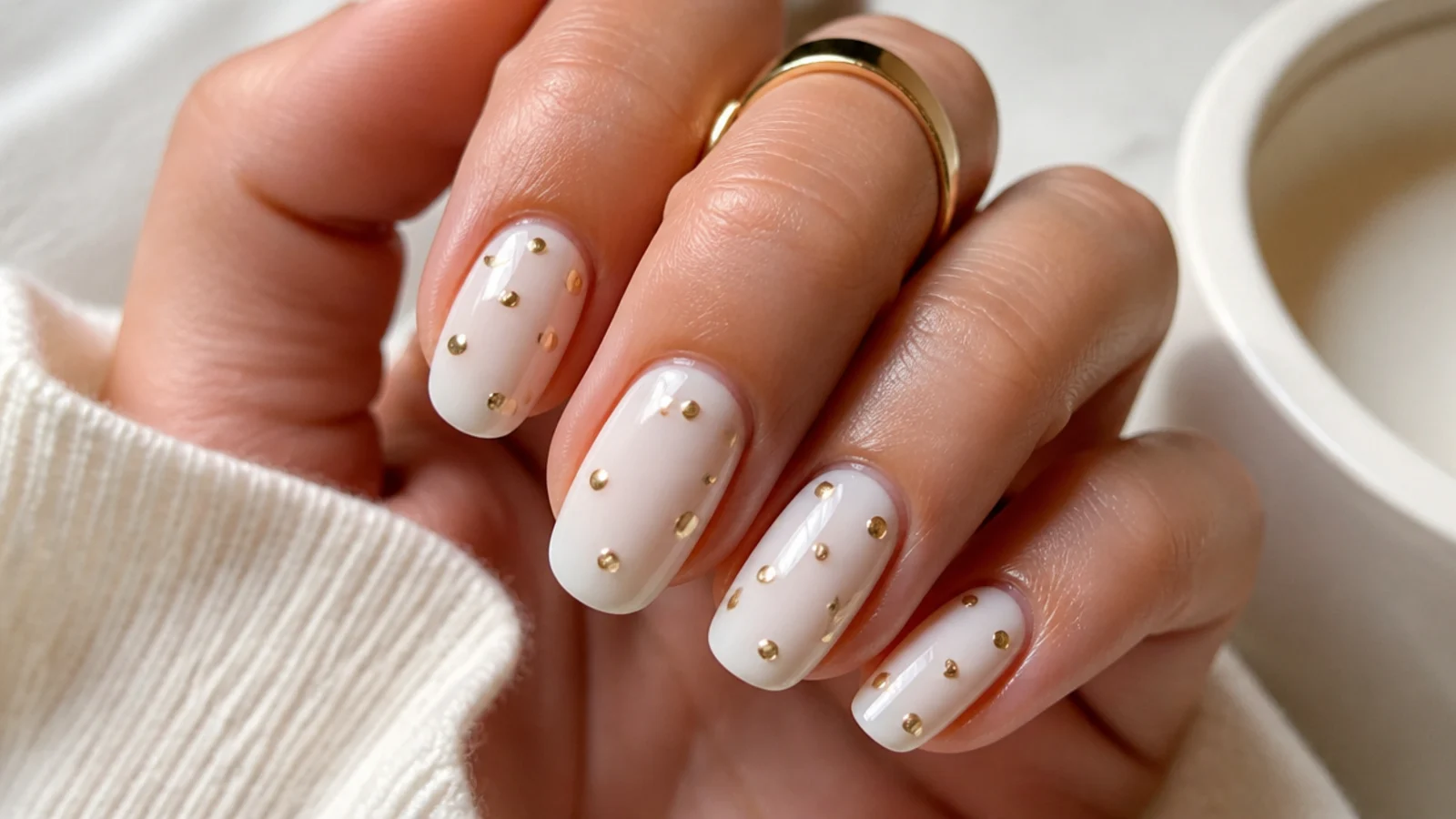 Milky white nails scattered with small gold chrome dots in graduated sizes