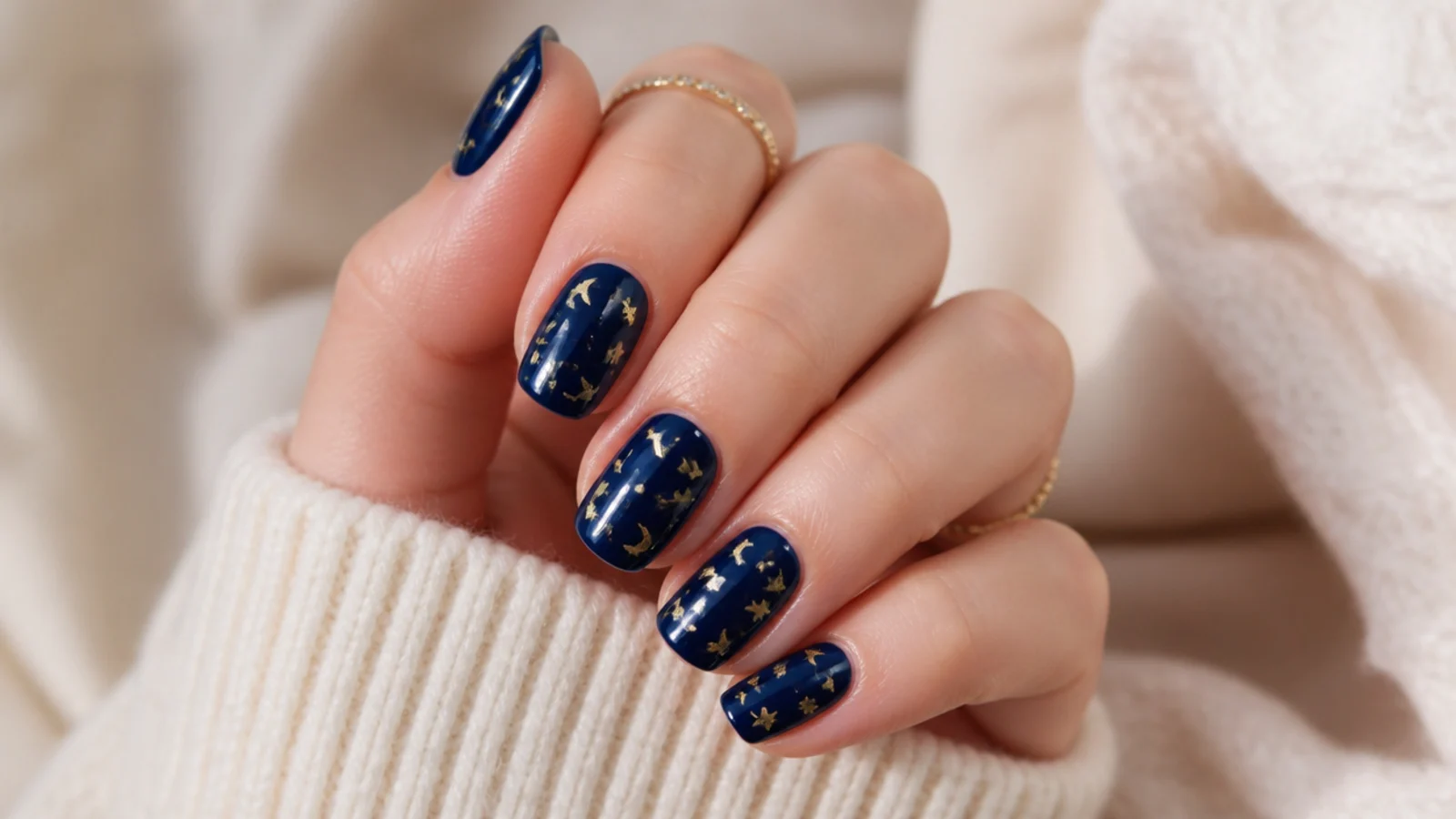Deep navy nails with small gold chrome stars and crescent moons scattered across the tips