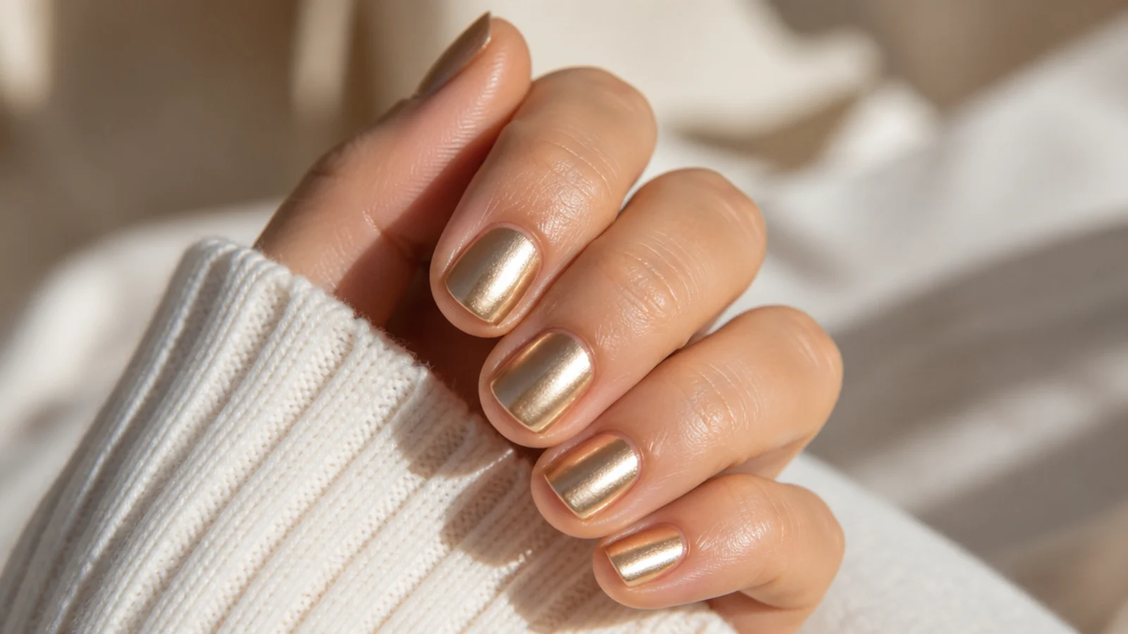 Very short squoval natural nails in a soft warm gold chrome glaze with no nail art