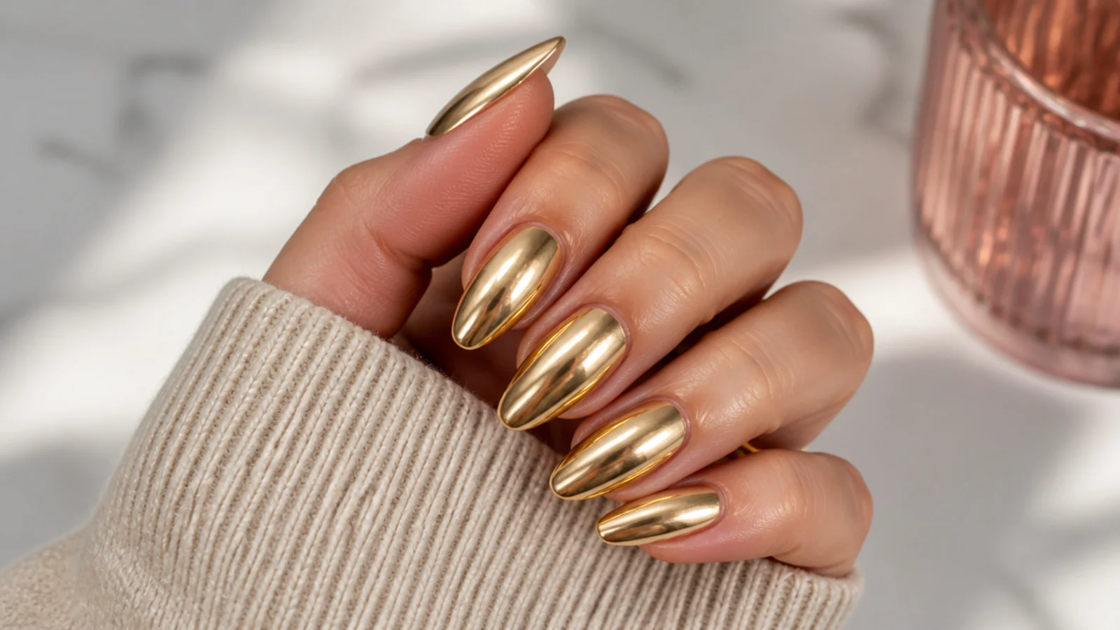 Long almond gold chrome nails with a tapered curved tip catching a warm mirror highlight