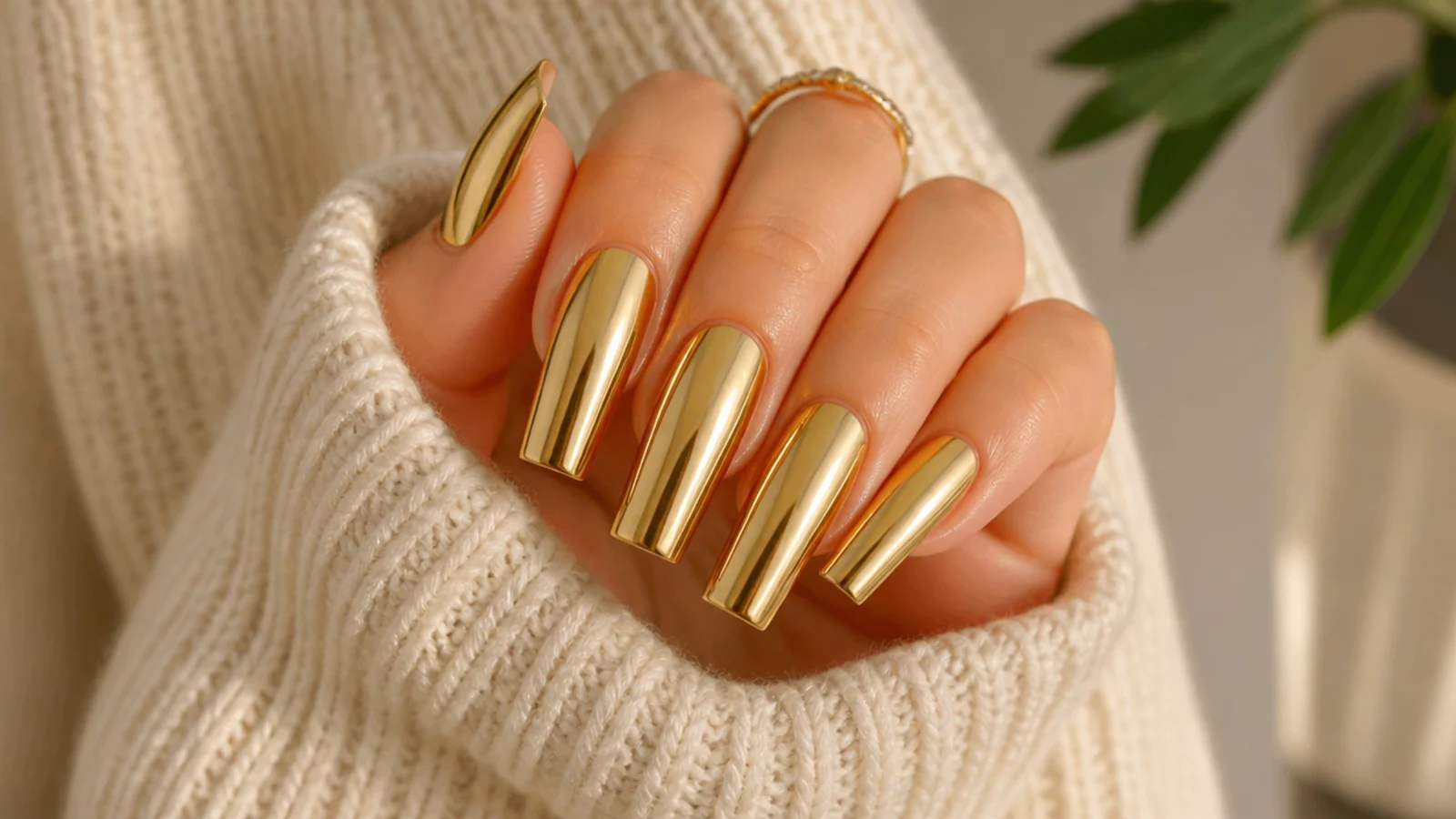 Long coffin nails in full warm gold chrome with a flat squared tip and straight sidewalls