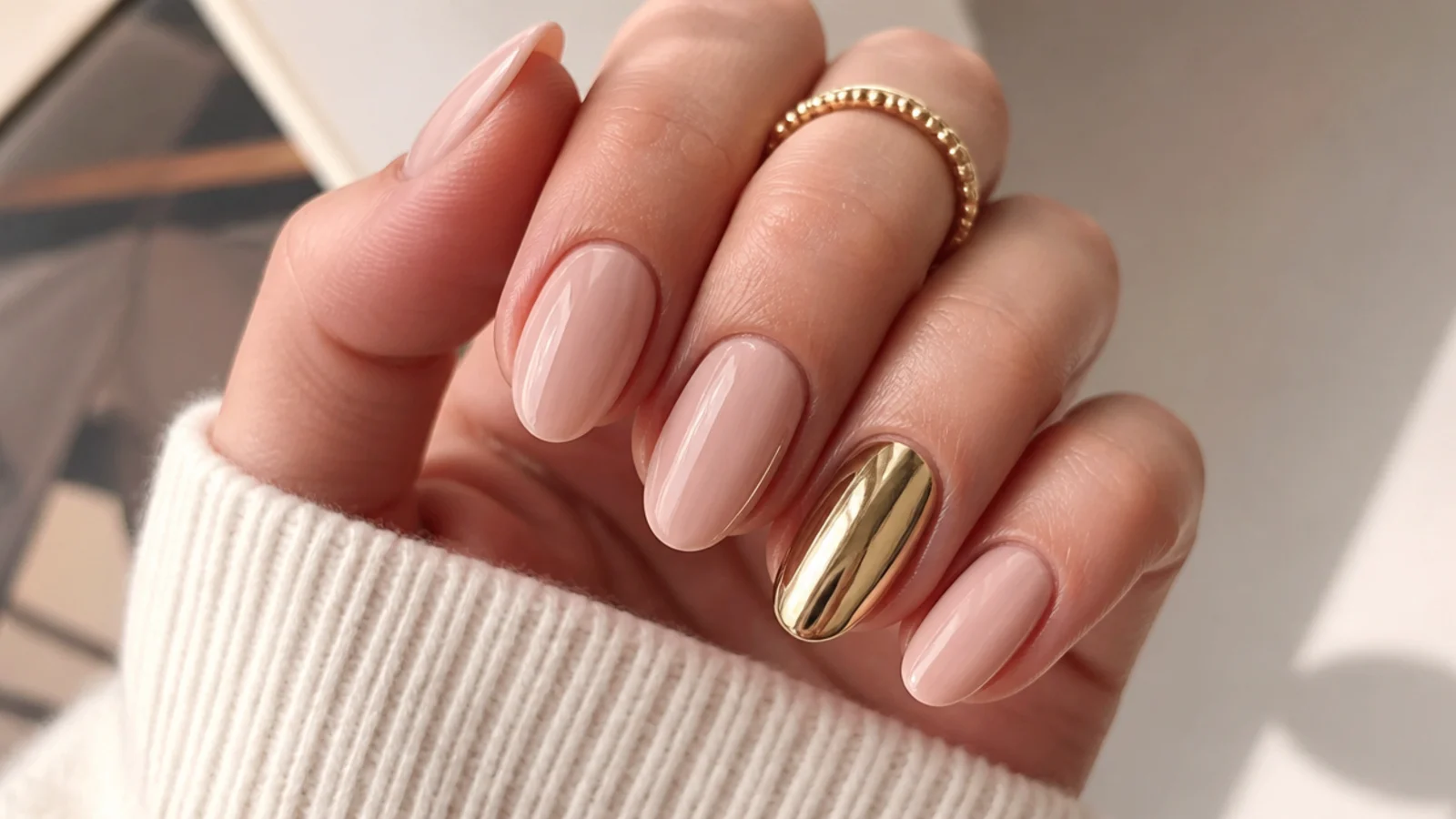 Four glossy nude nails with a single full gold chrome ring finger as an accent