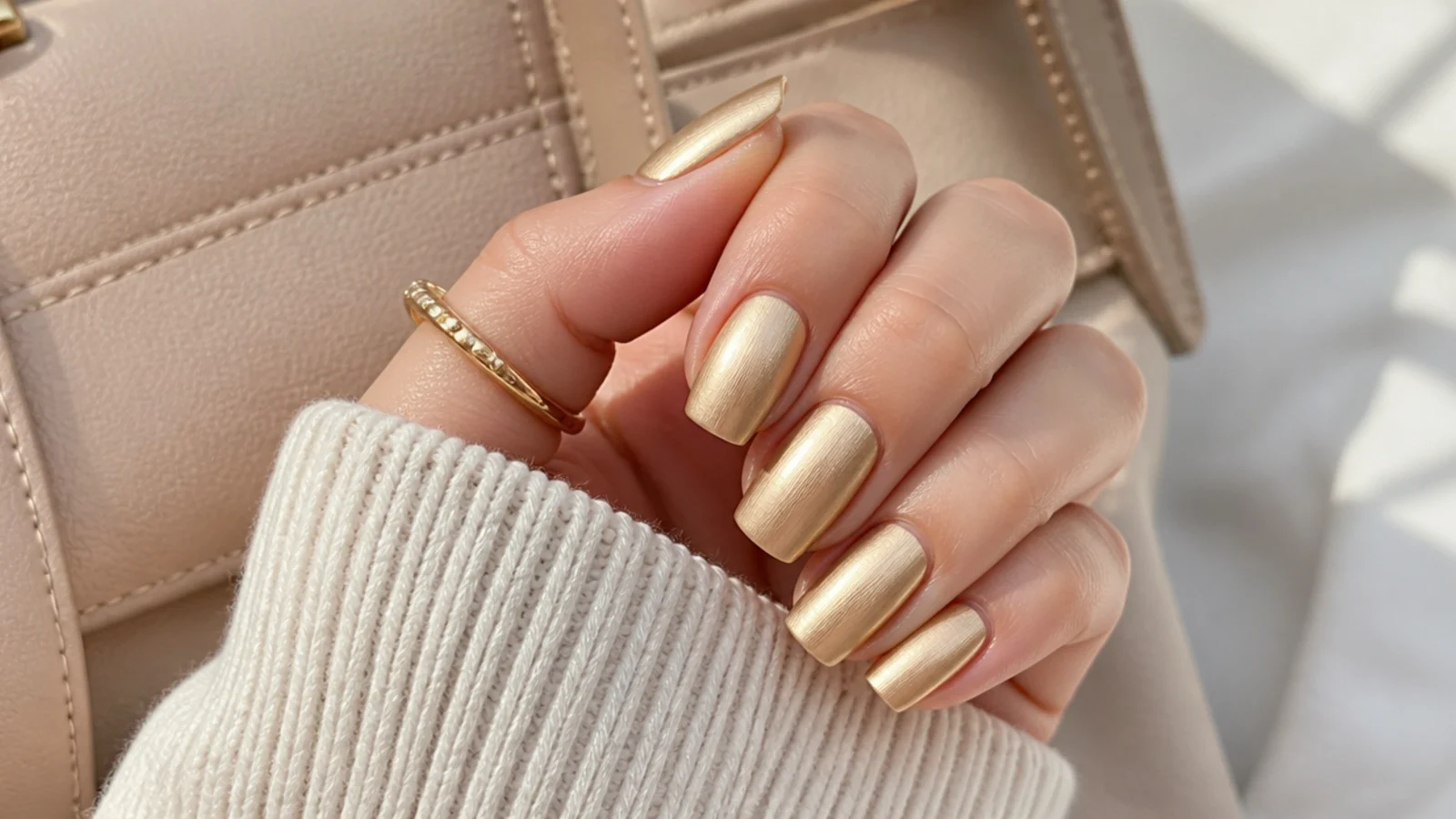 Medium square nails in a brushed satin gold chrome finish without high mirror shine