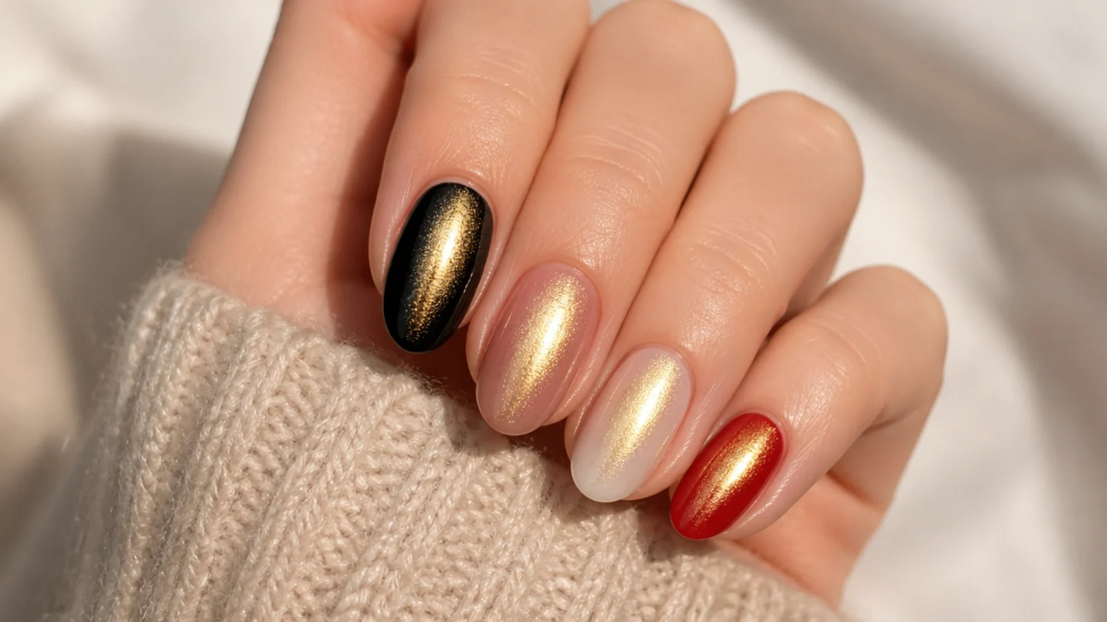 Four nails showing the same gold chrome powder over black nude milky white and red bases