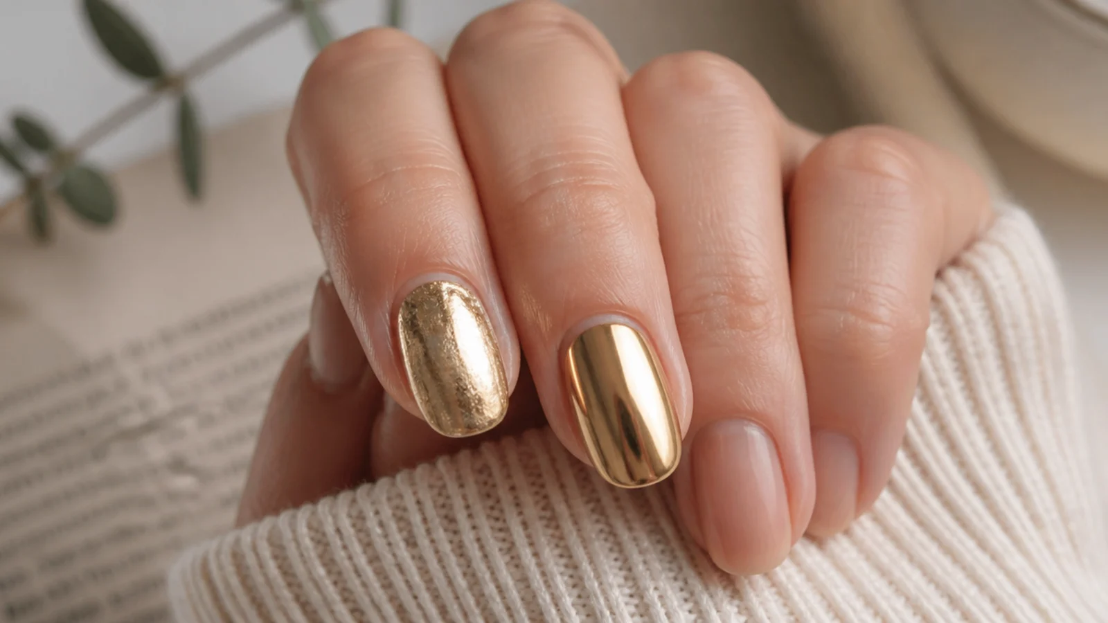 Two gold chrome nails compared, one patchy and dull and one with a clean mirror finish