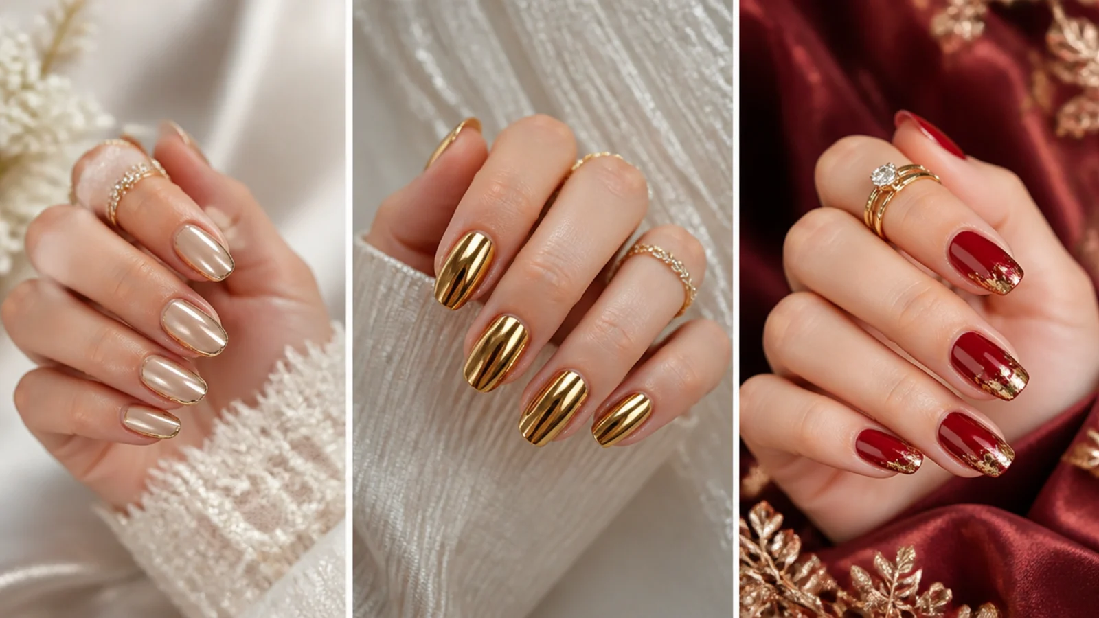 Three hands compared with bridal gold glaze, party mirror gold and holiday red and gold nails
